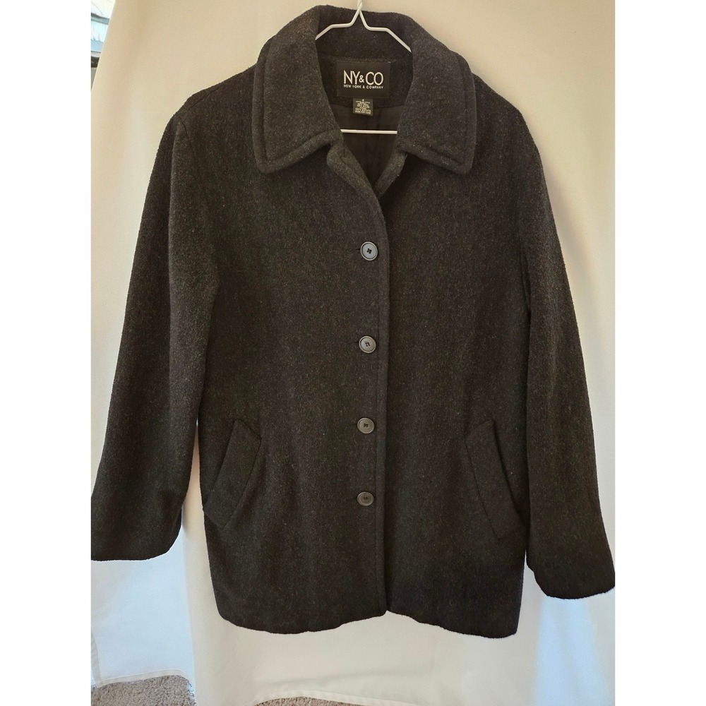 NY&CO Wool Blend Coat Women 4 Charcoal Grey Button Front Mid Length